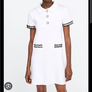Zara white dress with gold buttons and tweed